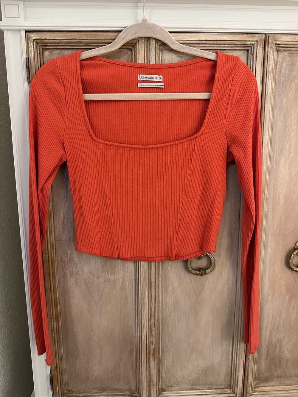Urban Outfitters Orange Ribbed Square-Neck Long Sleeve Crop Top